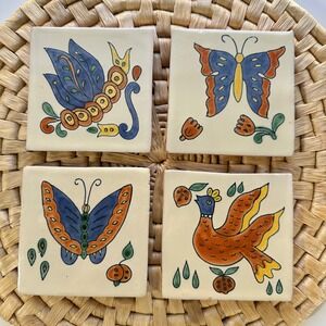 Hand Painted butterfly Folk art terracotta tiles Set of 4 Decorative Backsplash
